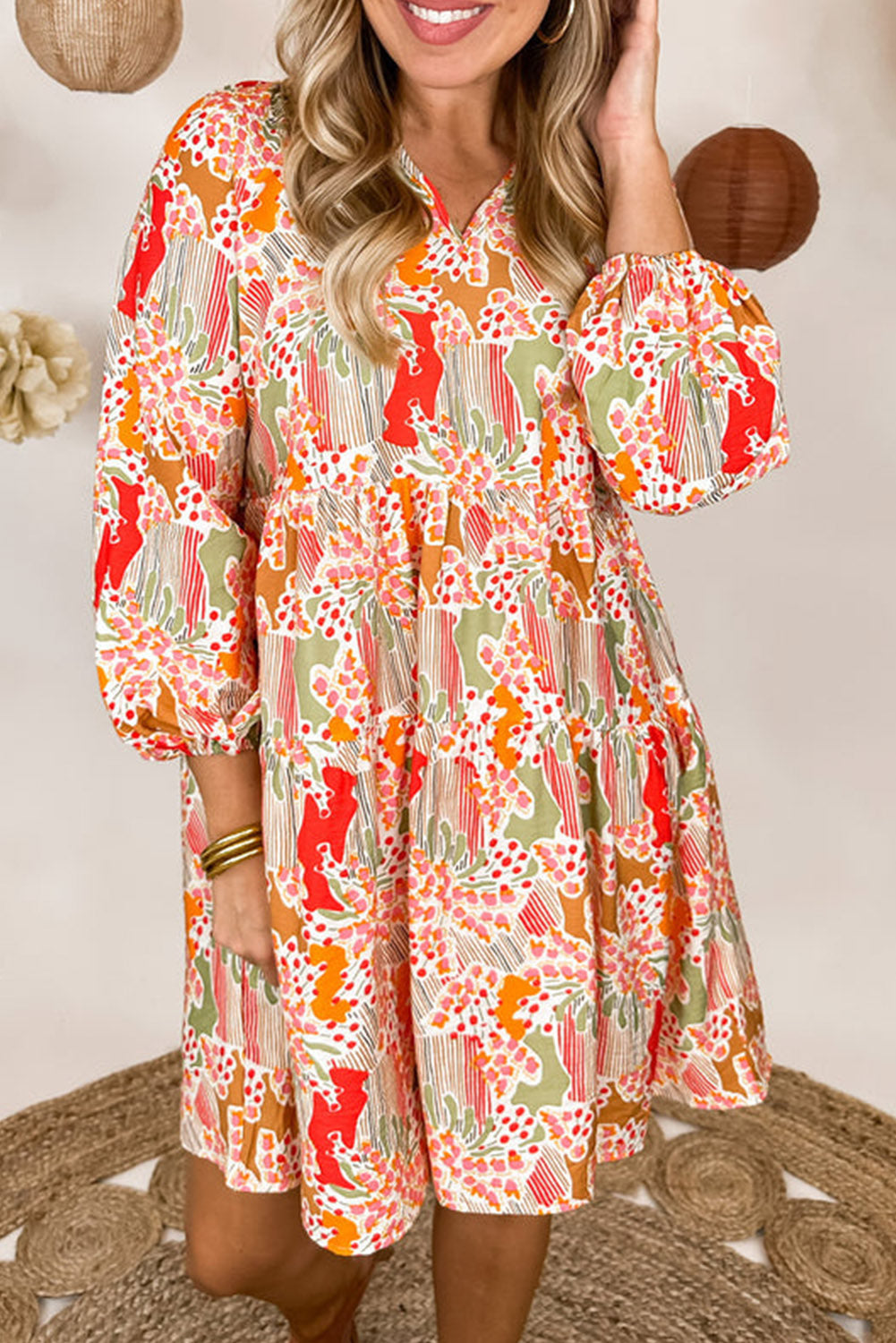 Printed Dress Multicolour Split Neck Puff Sleeve Flowy