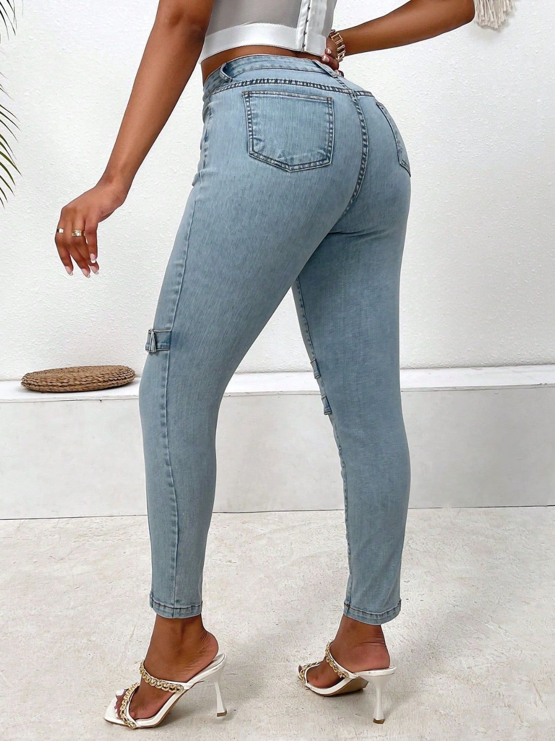 Denim Buckle Skinny Jeans with Pockets