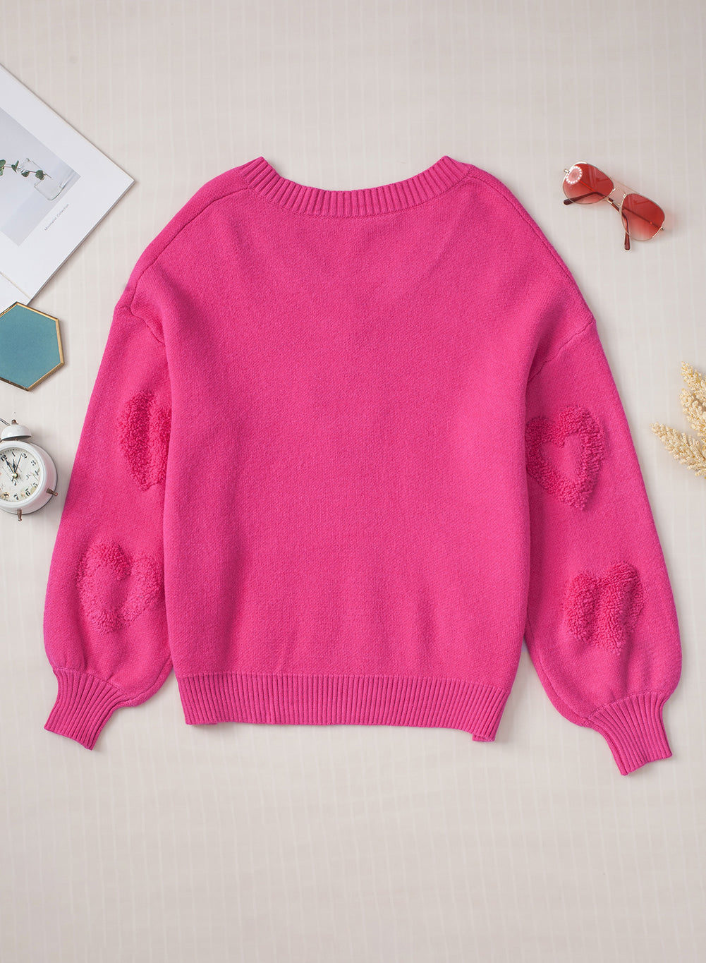 Sweater Rose Red Pearl Embellished Fuzzy Hearts V Neck