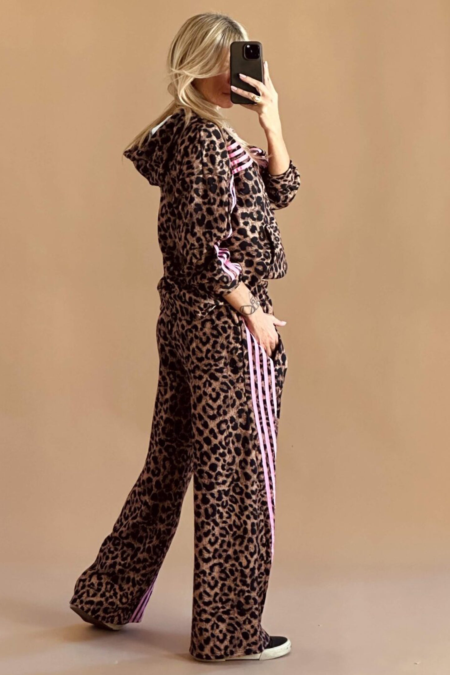 Leopard Brown Print Contrast Striped Detail Long Sleeve Top Pant Set