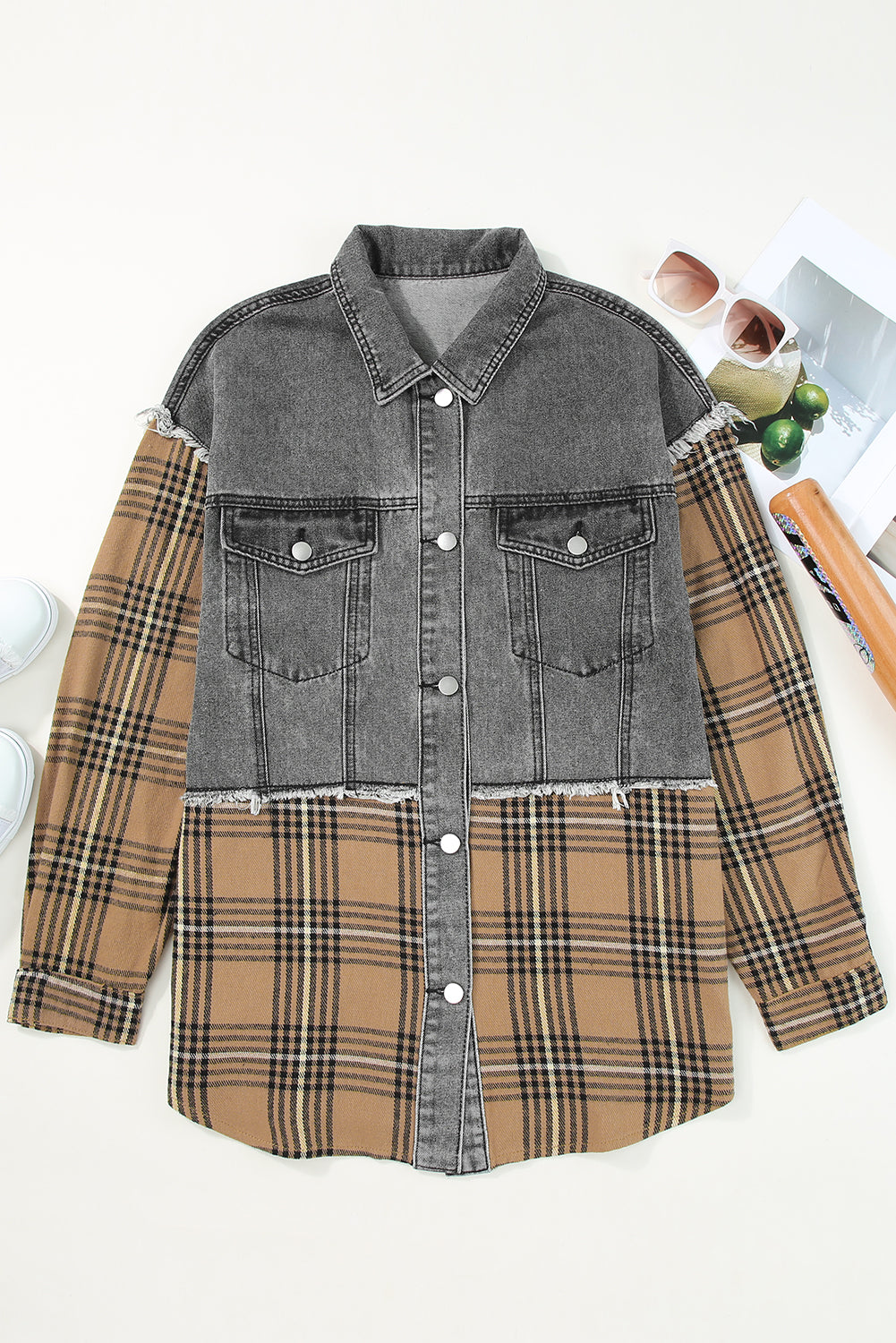 Jacket Shacket Grey Plaid Patch Flap Pocket Denim