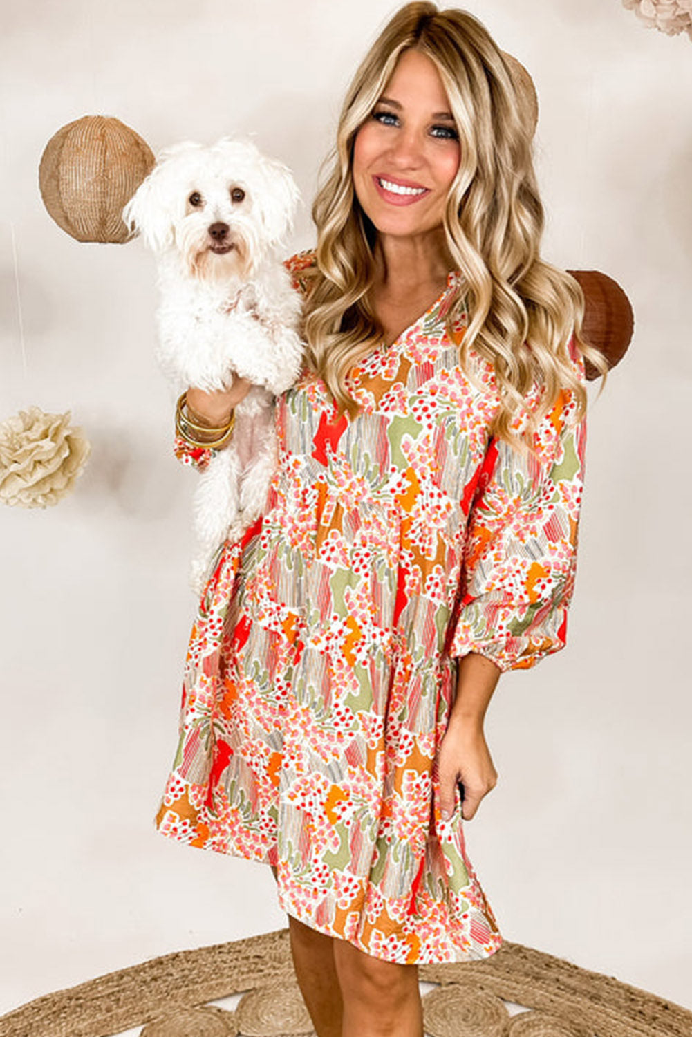 Printed Dress Multicolour Split Neck Puff Sleeve Flowy