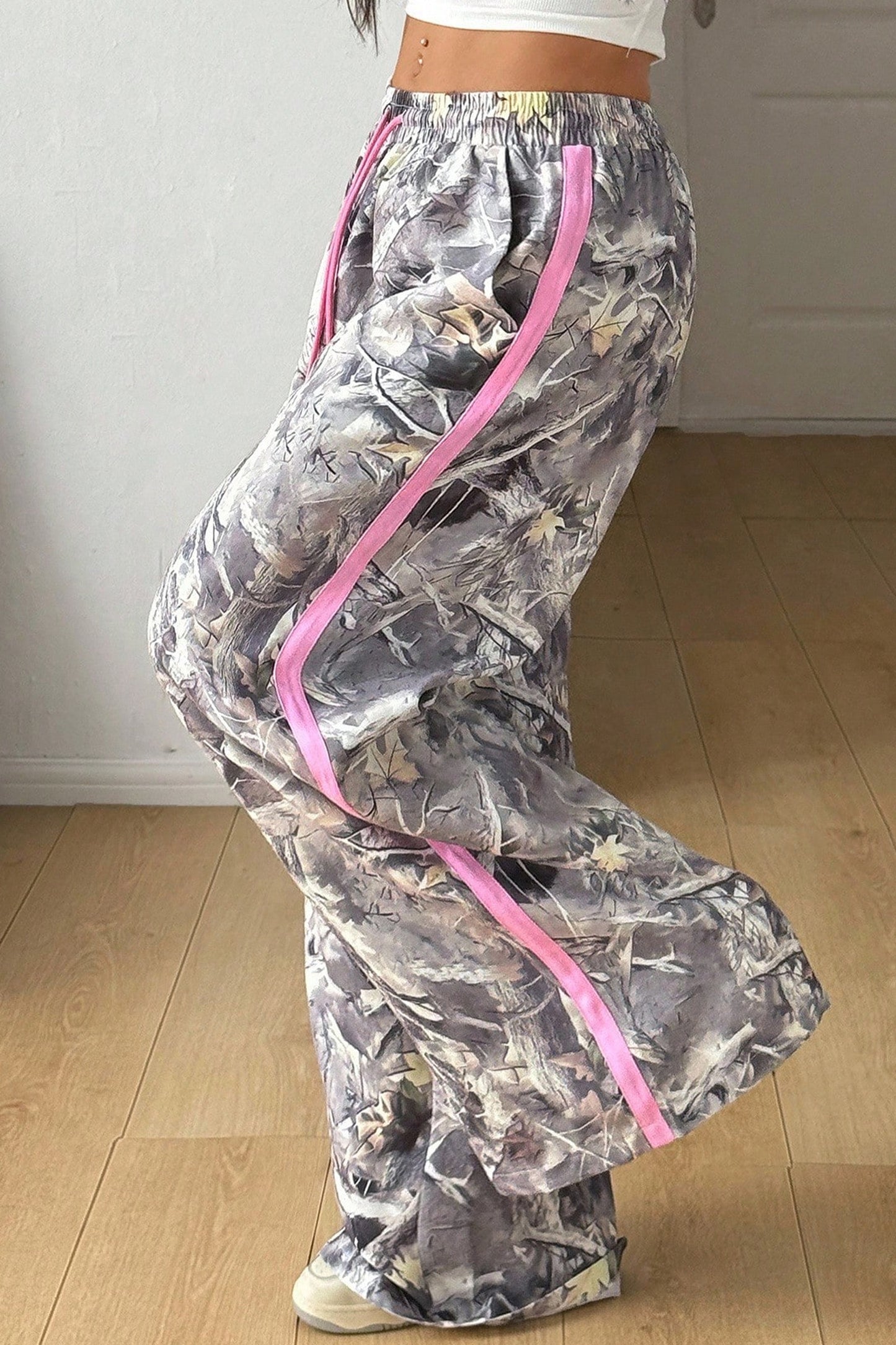 Camo Gray Woodland Print Color Block Detail Drawstring Wide Leg Sweatpants