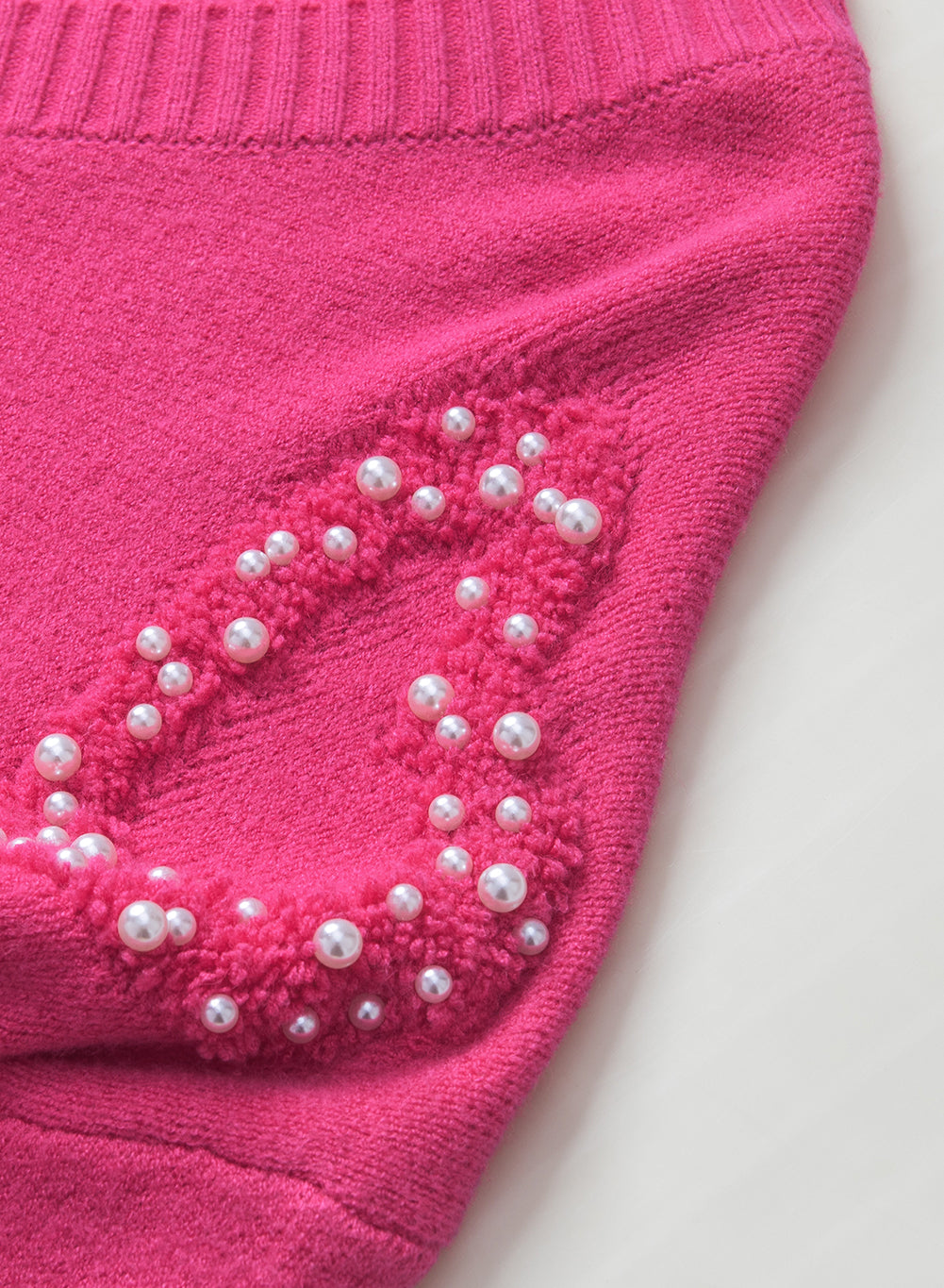 Sweater Rose Red Pearl Embellished Fuzzy Hearts V Neck