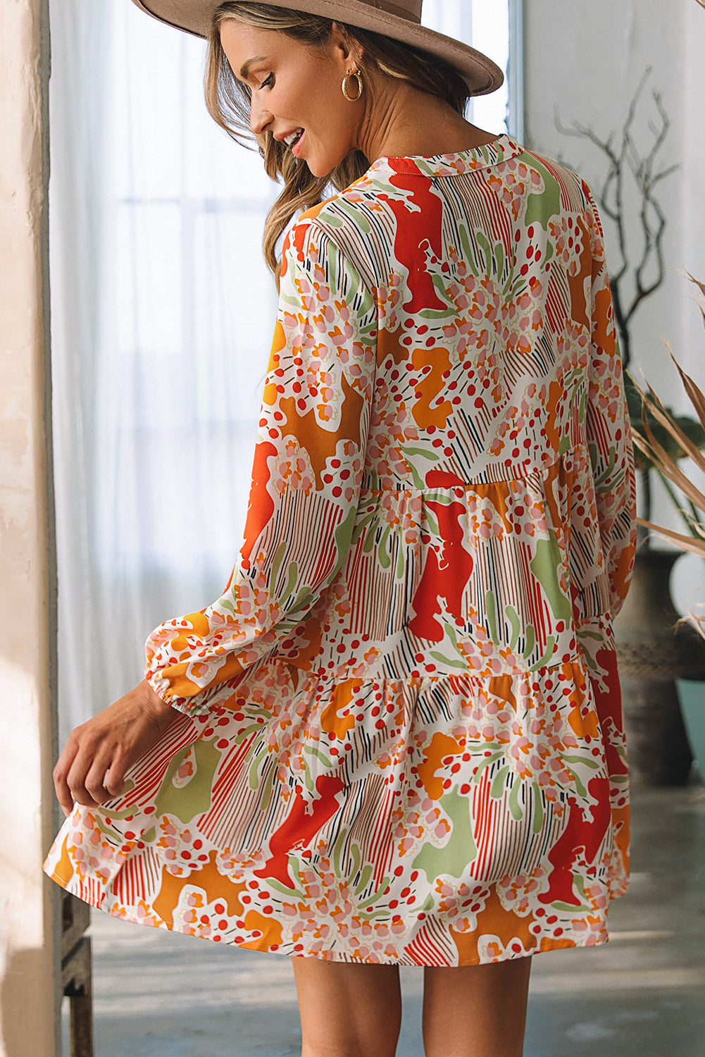 Printed Dress Multicolour Split Neck Puff Sleeve Flowy