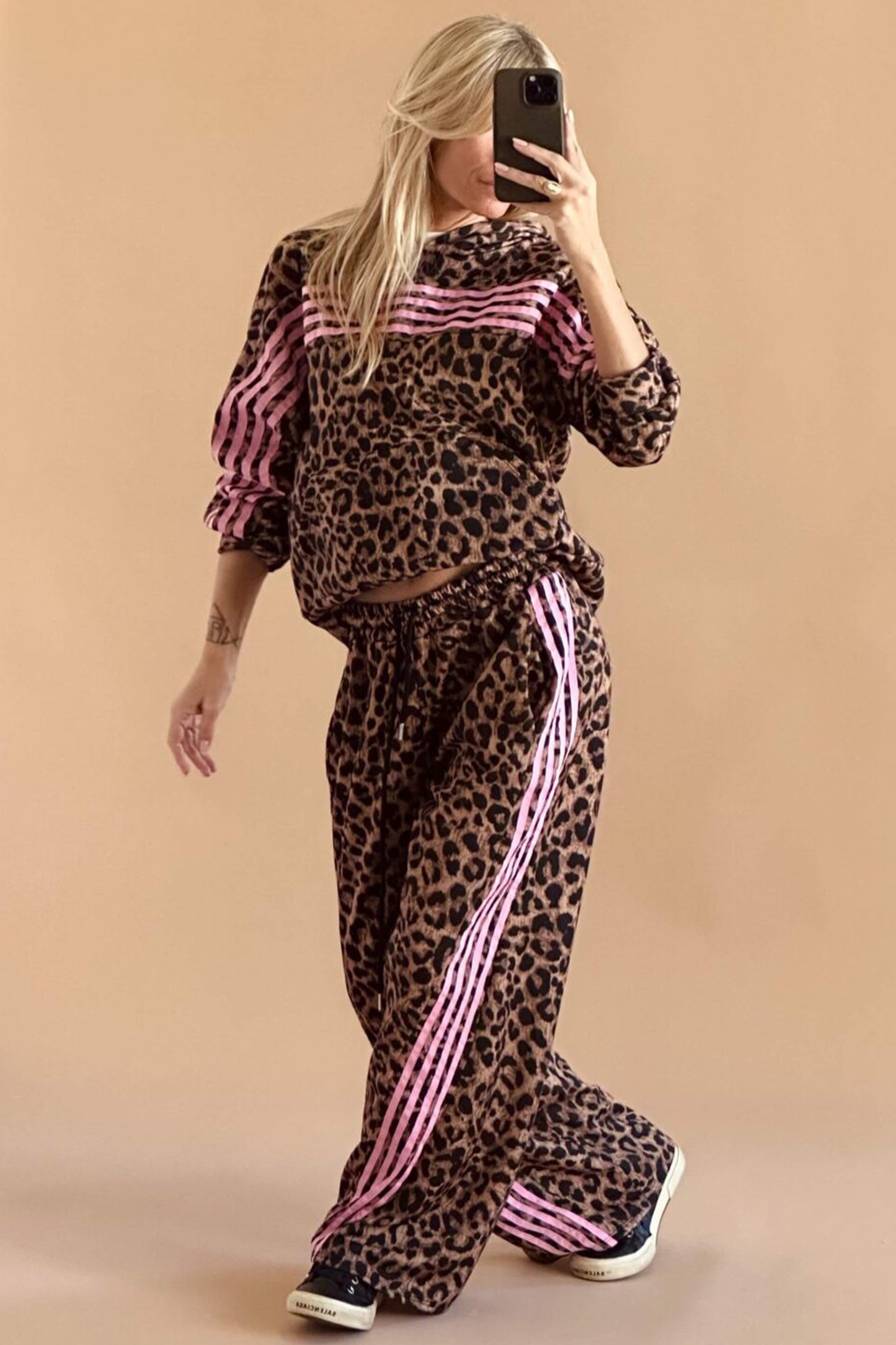 Leopard Brown Print Contrast Striped Detail Long Sleeve Top Pant Set