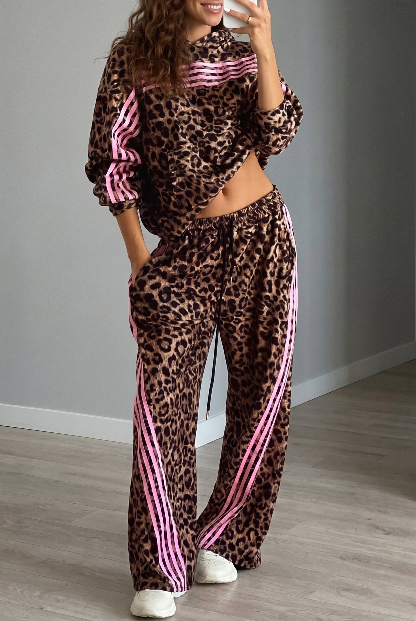 Leopard Brown Print Contrast Striped Detail Long Sleeve Top Pant Set