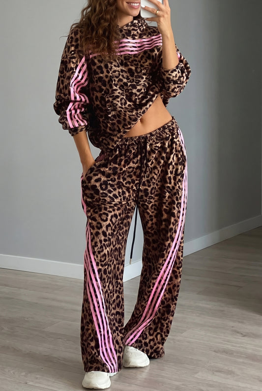 Women’s Leopard Brown Print Striped Long Sleeve 2 Piece Set
